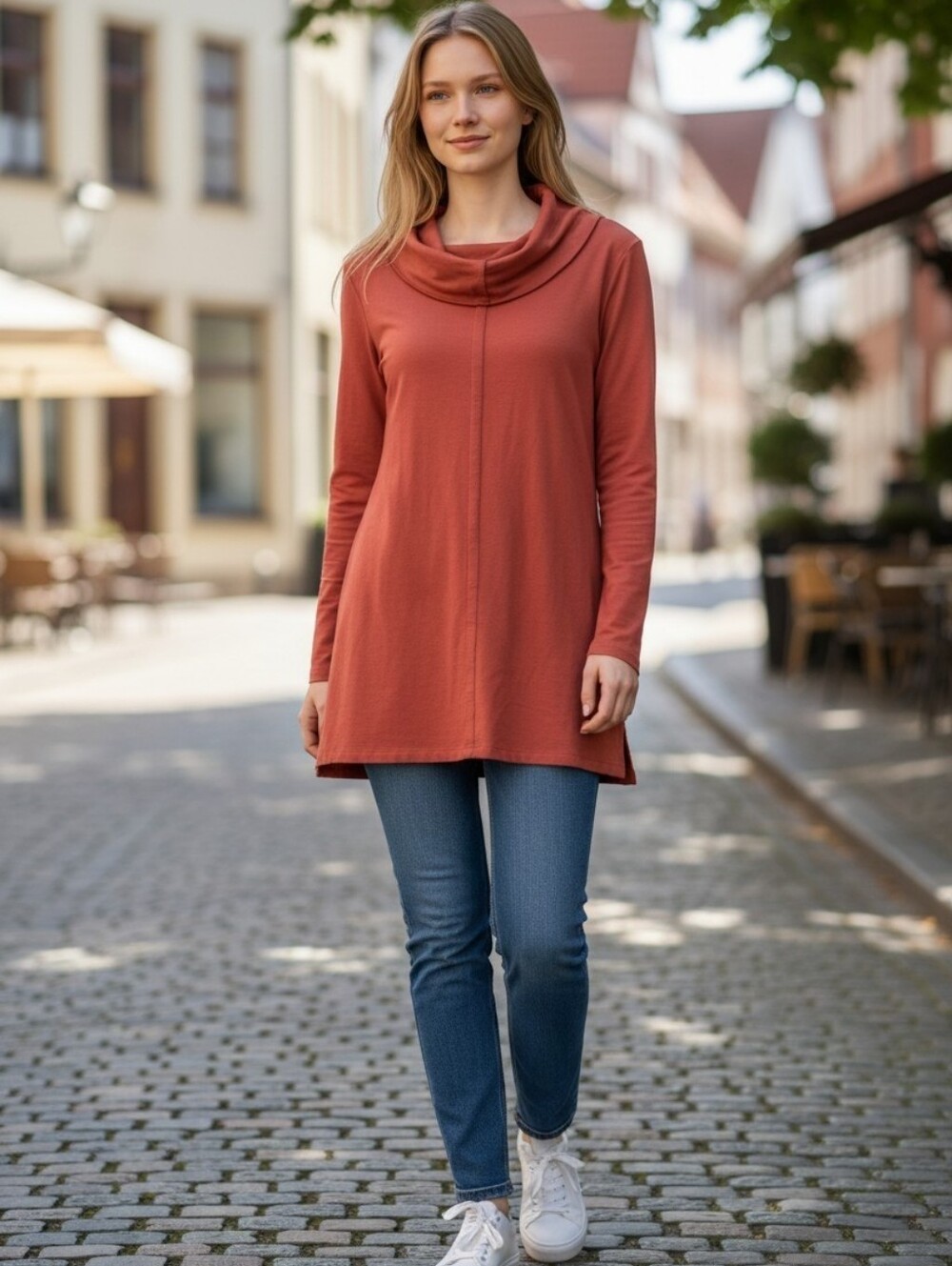 PURE essence Bamboo Cotton Blend Cowl Neck Longline Rust Tunic SZ L
